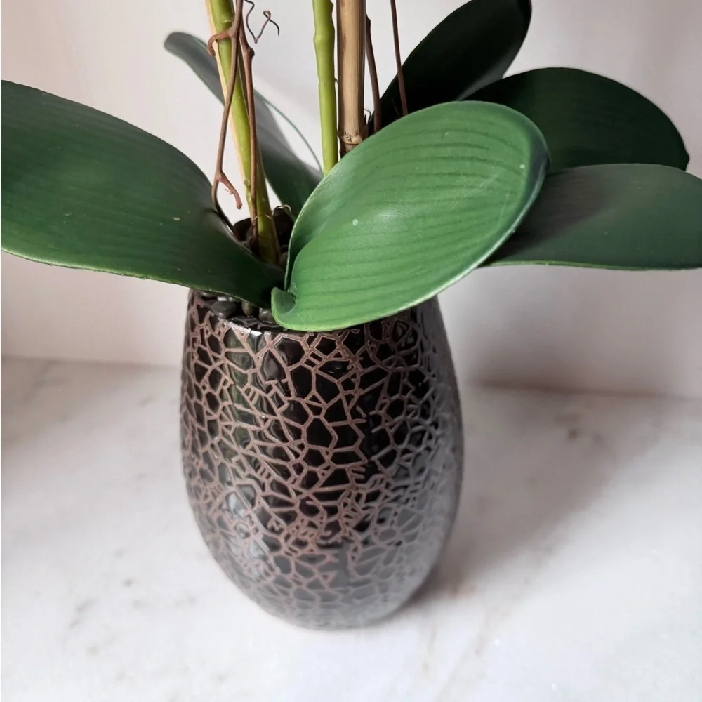 artificial white Phalaenopsis orchid arrangement in a brown textured vase 27”….